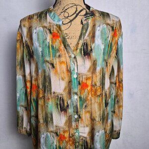 Scully Women's Button Front Brown Printed 3/4 Sleeve Blouse Size XL